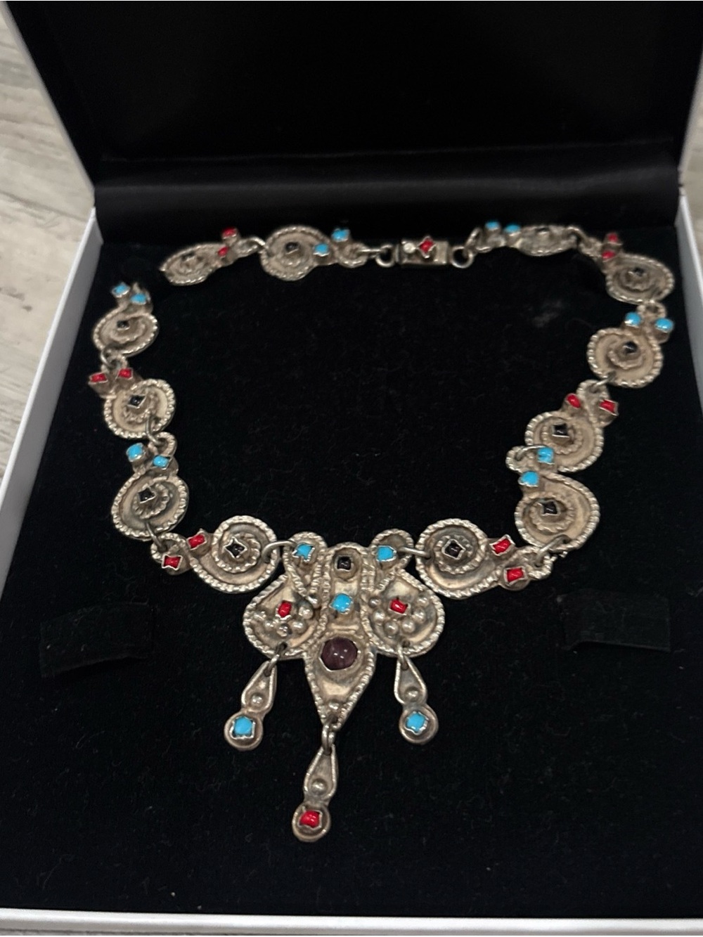 Vintage Mexico Turquoise Rhodolite Garnet Coral Sterling Silver Necklace 925